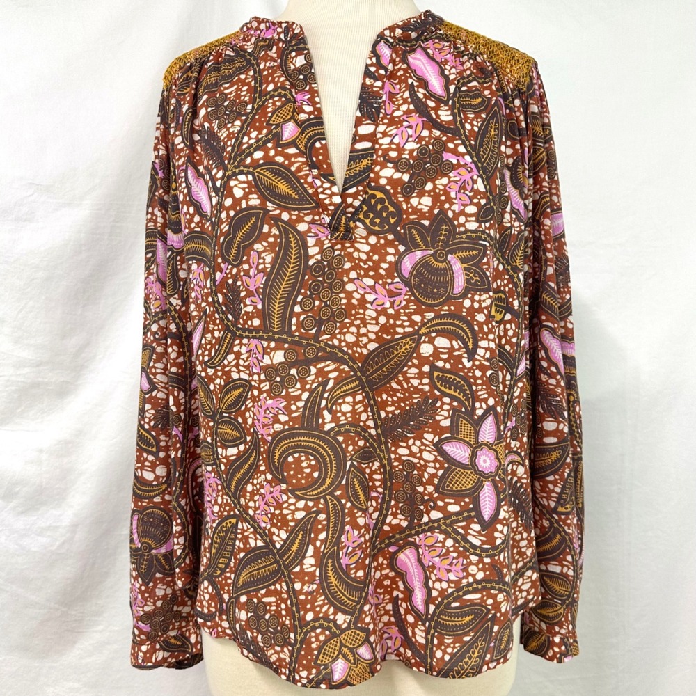 XIRENA The Aimi Blouse 100% Cotton Batik Floral Print Popover Women's M Boxy